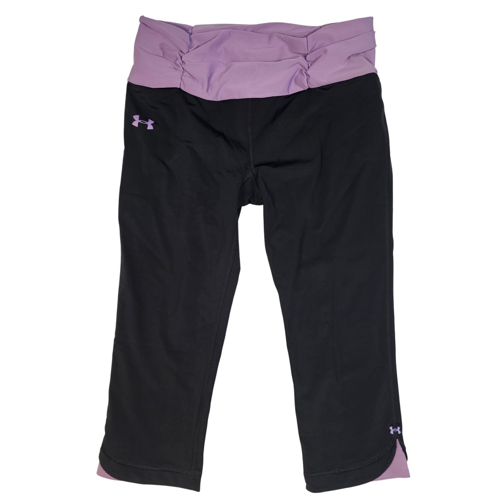 Under Armour HeatGear Compression Leggings Purple Ruched WaistCapris Large Black